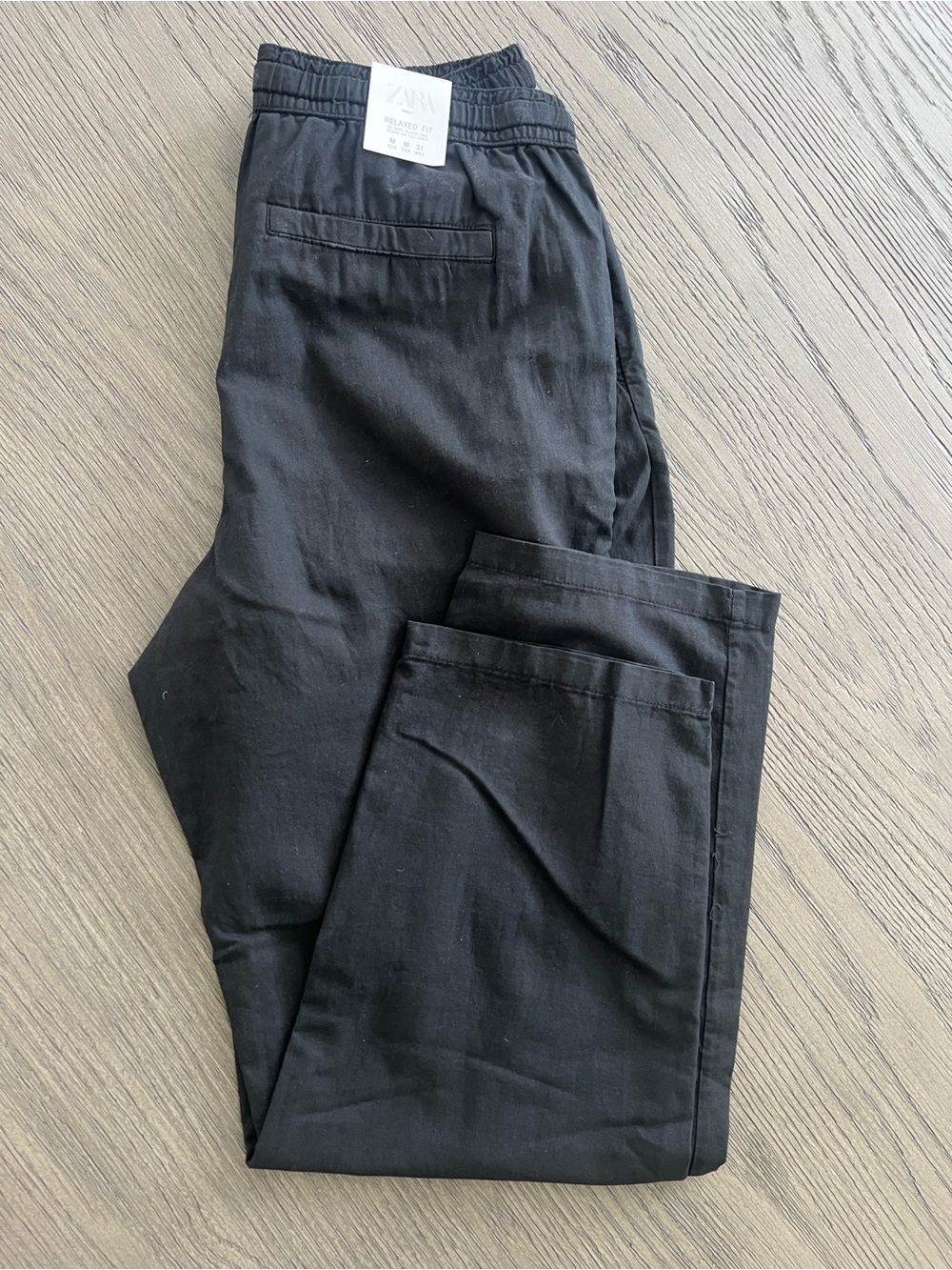 Zara Men's Relaxed Fit Cotton-Linen Pants Black Medium